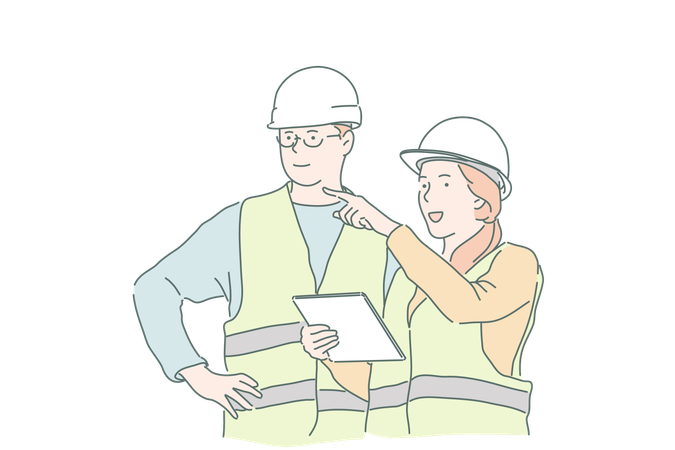 O trabalhador da construção civil está dando conselhos ao engenheiro  Ilustração