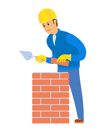 Trabalhador da construção civil fazendo parede  Ilustração