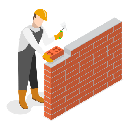 Trabalhador da construção civil fazendo uma parede de tijolos  Ilustração