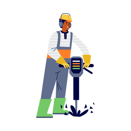 Trabalhador da construção civil perfura superfície de estrada  Illustration