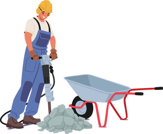 Trabalhador da construção civil vestindo agasalho azul com britadeira nas mãos trabalhando perto de carrinho de mão  Illustration
