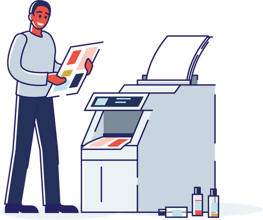 Trabalhador de impressão em pé na máquina copiadora com documento de fotocópia  Ilustração