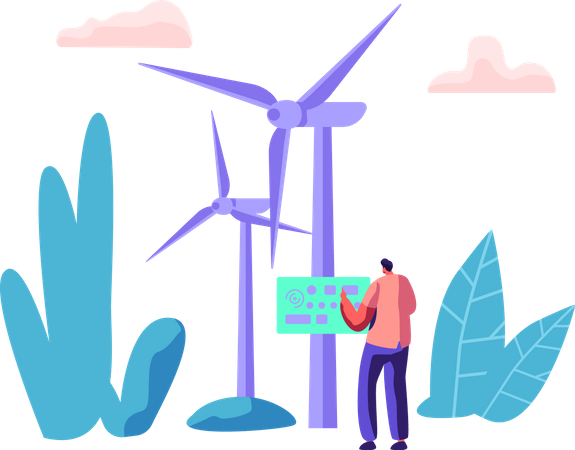 Trabalhador de campo em energia eólica e energia sustentável  Ilustração