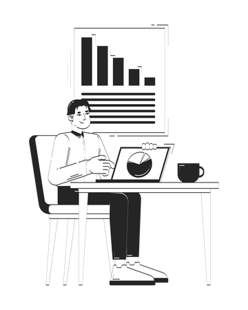 Trabalhador de escritório coreano analisando gráficos no laptop na mesa  Ilustração