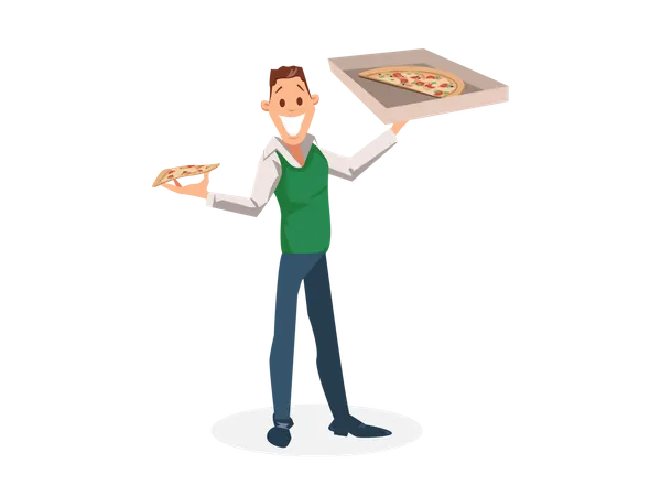 Trabalhador de escritório em pé com caixa de pizza na mão  Ilustração