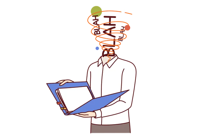 Trabalhador de escritório sobrecarregado com novas ideias sente o cérebro explodir ao ler documentos comerciais  Ilustração