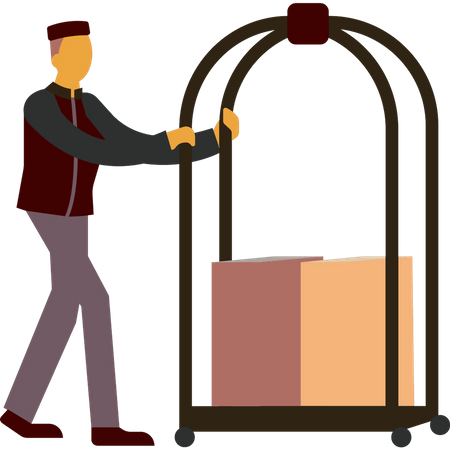Trabalhador de hotel empurrando carrinho de bagagem  Ilustração