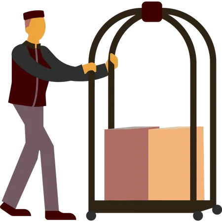 Trabalhador de hotel empurrando carrinho de bagagem  Ilustração