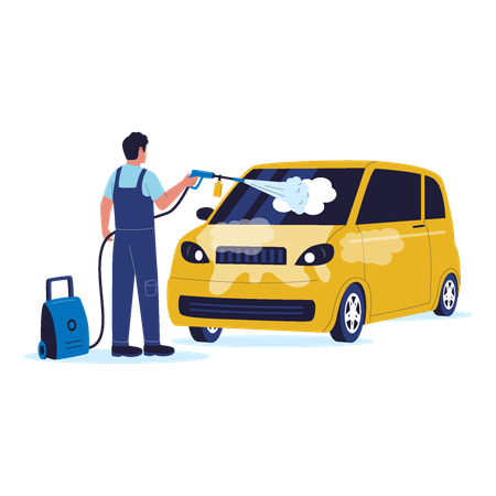Trabalhador de lavagem de carros limpando um pequeno veículo amarelo com lavadora de alta pressão  Ilustração