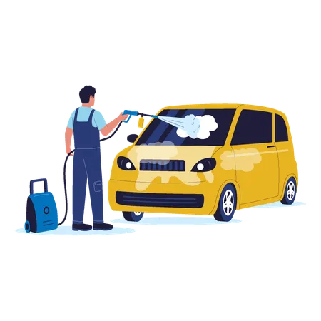 Trabalhador de lavagem de carros limpando um pequeno veículo amarelo com lavadora de alta pressão  Ilustração