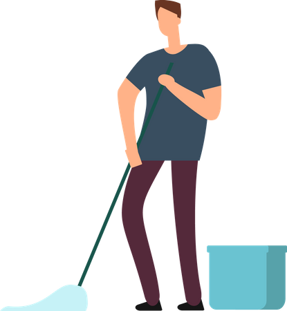 Trabalhador de limpeza com balde e vassoura  Ilustração