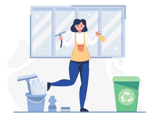 Trabalhador de limpeza com equipamento de limpeza  Ilustração