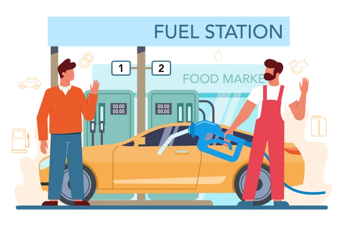 Trabalhador de posto de combustível enchendo gasolina no carro  Ilustração
