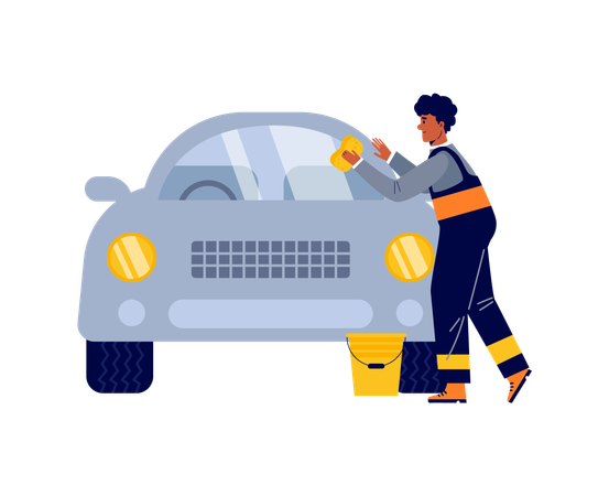 Trabalhador de serviço de carro lavando e polindo carro  Ilustração