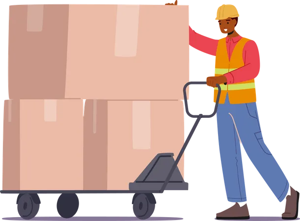 Trabalhador em caminhão de mão de condução uniforme com pilha de caixas de papelão  Ilustração