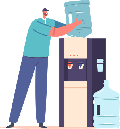 Trabalhador de entrega de água instalando balão de água no refrigerador  Ilustração