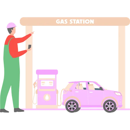 Trabalhador está parado no posto de gasolina  Ilustração