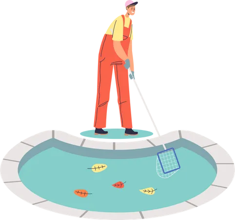 Homem trabalhador limpando piscina de lixo e folhas com rede  Ilustração