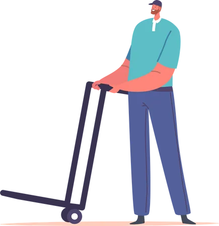 Trabalhador masculino usando carrinho manual para transporte  Ilustração
