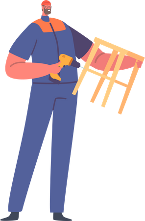 Uniforme de desgaste masculino trabalhador usando furadeira para montagem de cadeira de madeira  Ilustração