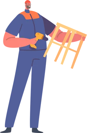 Uniforme de desgaste masculino trabalhador usando furadeira para montagem de cadeira de madeira  Ilustração