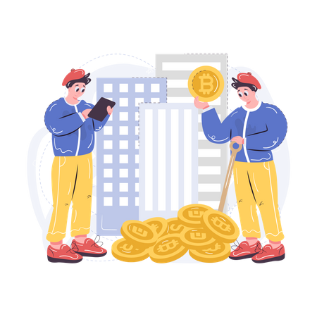 Trabalhador minerando bitcoins  Ilustração