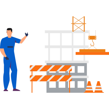 Trabalhador mostrando construção civil  Ilustração