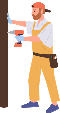 Personagem de trabalhador consertando porta usando equipamento de perfuração  Ilustração