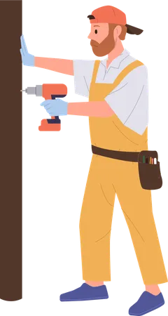 Personagem de trabalhador consertando porta usando equipamento de perfuração  Ilustração