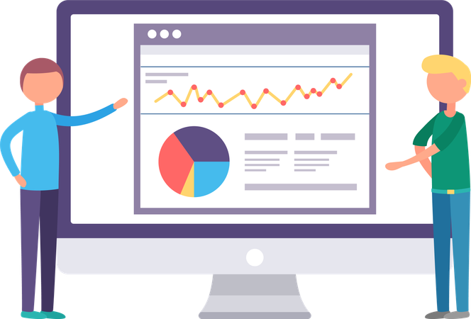 Trabalhador pesquisando site com gráfico  Ilustração