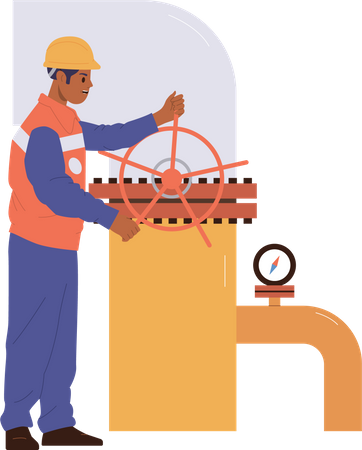 Trabalhador profissional da indústria petrolífera uniformizado fornece inspeção técnica de oleodutos  Ilustração