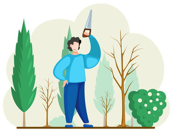 Trabalhador profissional de jardim trabalhando com arbusto  Ilustração