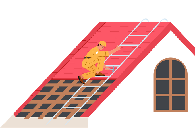 Trabalhador reparando telhado de casa  Ilustração