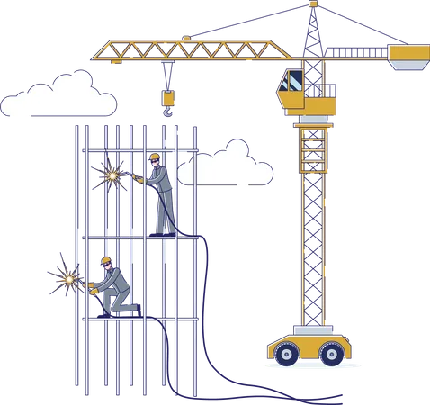 Estrutura de construção de soldagem de trabalhador usando ajuda de guindaste estático  Ilustração