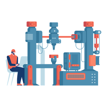 Trabalhador trabalha em fábrica inteligente  Ilustração