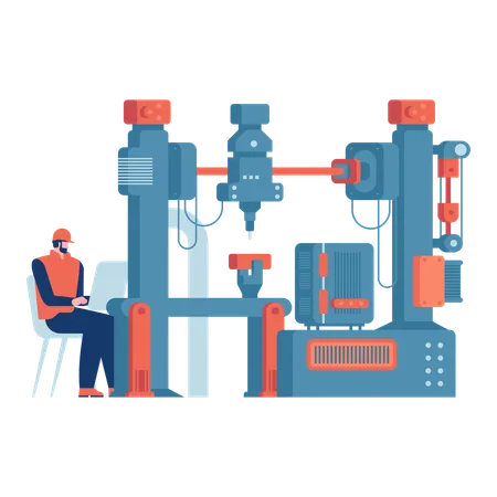 Trabalhador trabalha em fábrica inteligente  Ilustração