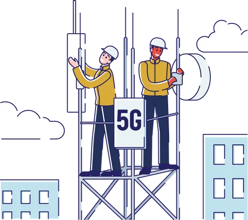 Trabalhador trabalhando na configuração da torre 5g  Ilustração