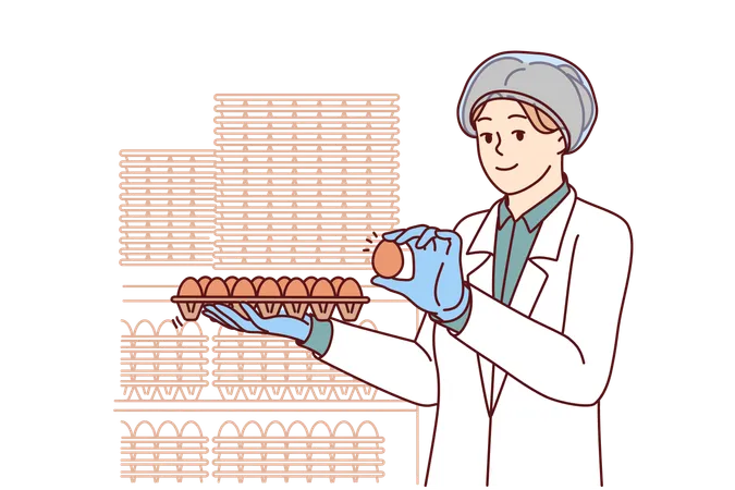 Trabalhador verifica a qualidade dos ovos  Ilustração