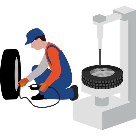 Trabalhador verificando a pressão do ar no pneu  Ilustração