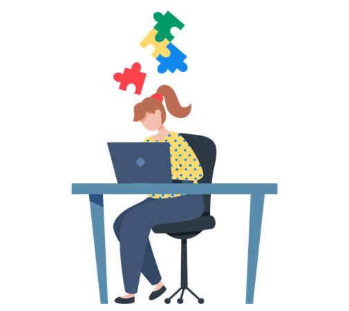 Personagem feminina trabalhadora de escritório na mesa com laptop  Ilustração