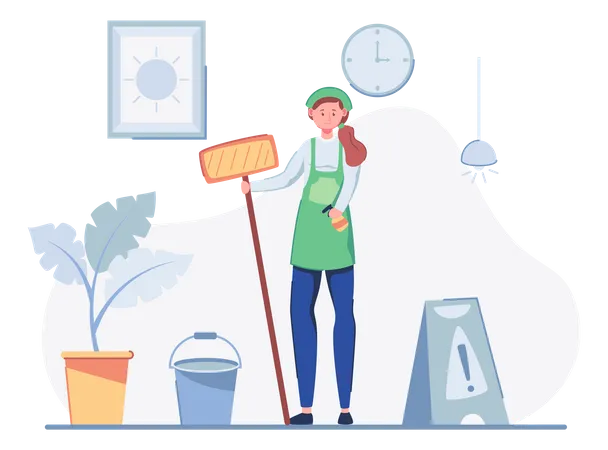 Trabalhadora de limpeza feminina com equipamento de limpeza  Ilustração