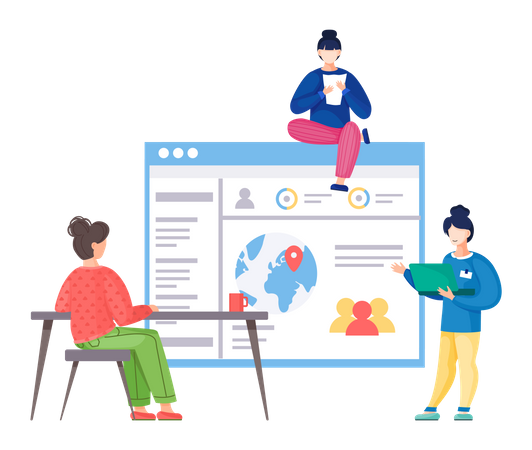 Trabalhadores analisando a navegação estatística do site  Ilustração