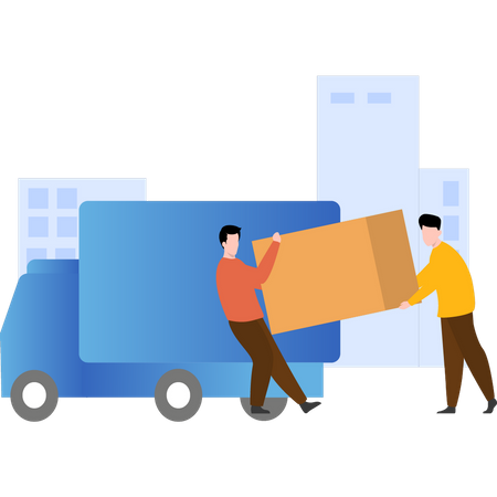 Trabalhadores carregando pacote de entrega em caminhão de entrega  Ilustração