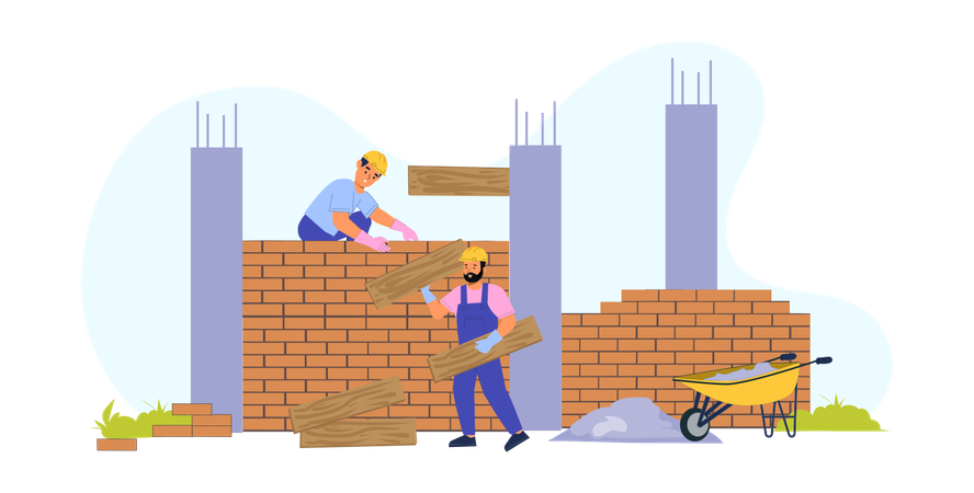 Trabalhadores da construção civil construindo muro  Ilustração