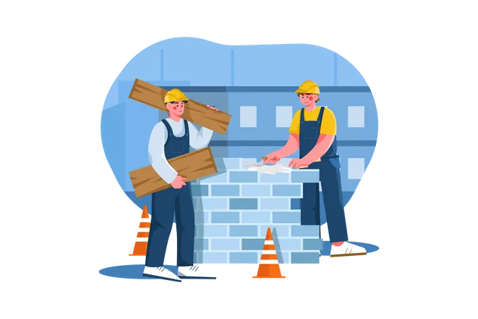 Trabalhadores da construção civil trabalhando no projeto  Ilustração