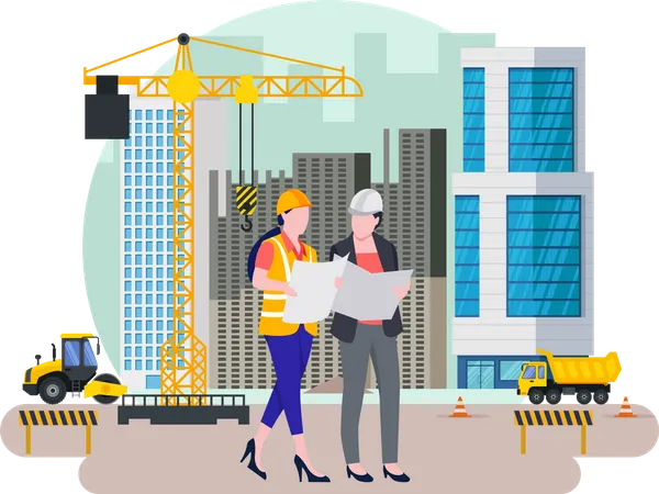 Trabalhadores da construção civil verificando o plano de construção  Ilustração