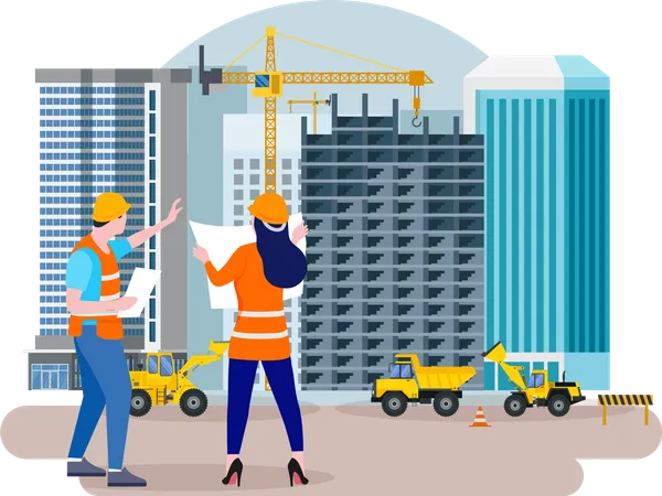 Trabalhadores da construção civil verificando o plano de construção  Ilustração