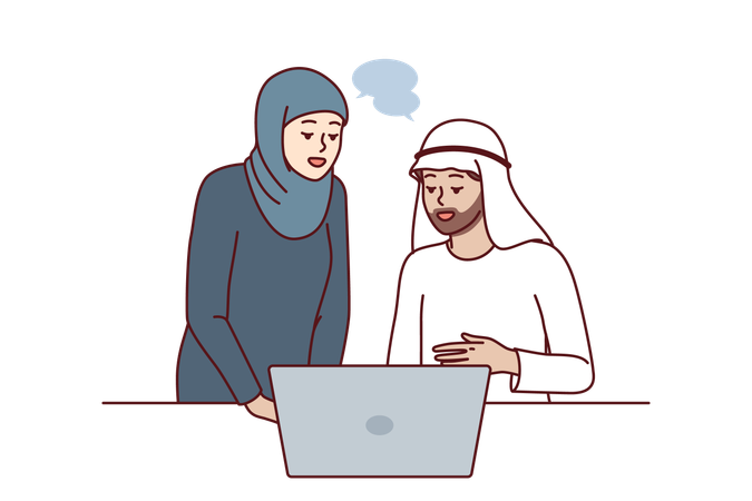 Trabalhadores de escritório em roupas árabes discutindo apresentação de negócios  Ilustração