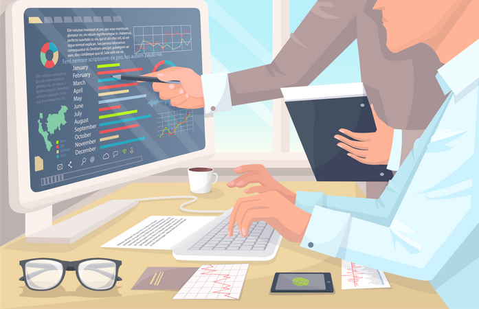 Trabalhadores de escritório na mesa desenvolvem gráficos mostrados no monitor e na xícara de café  Ilustração