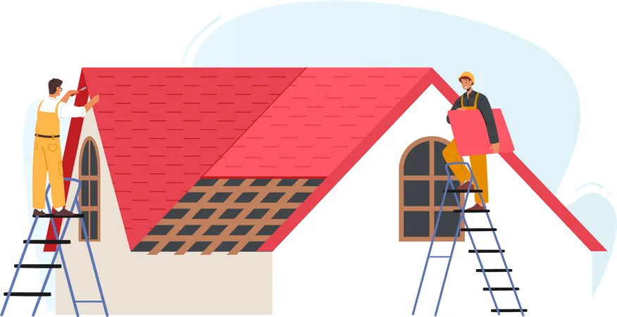 Trabalhadores de telhados aplicando telhado na casa  Ilustração